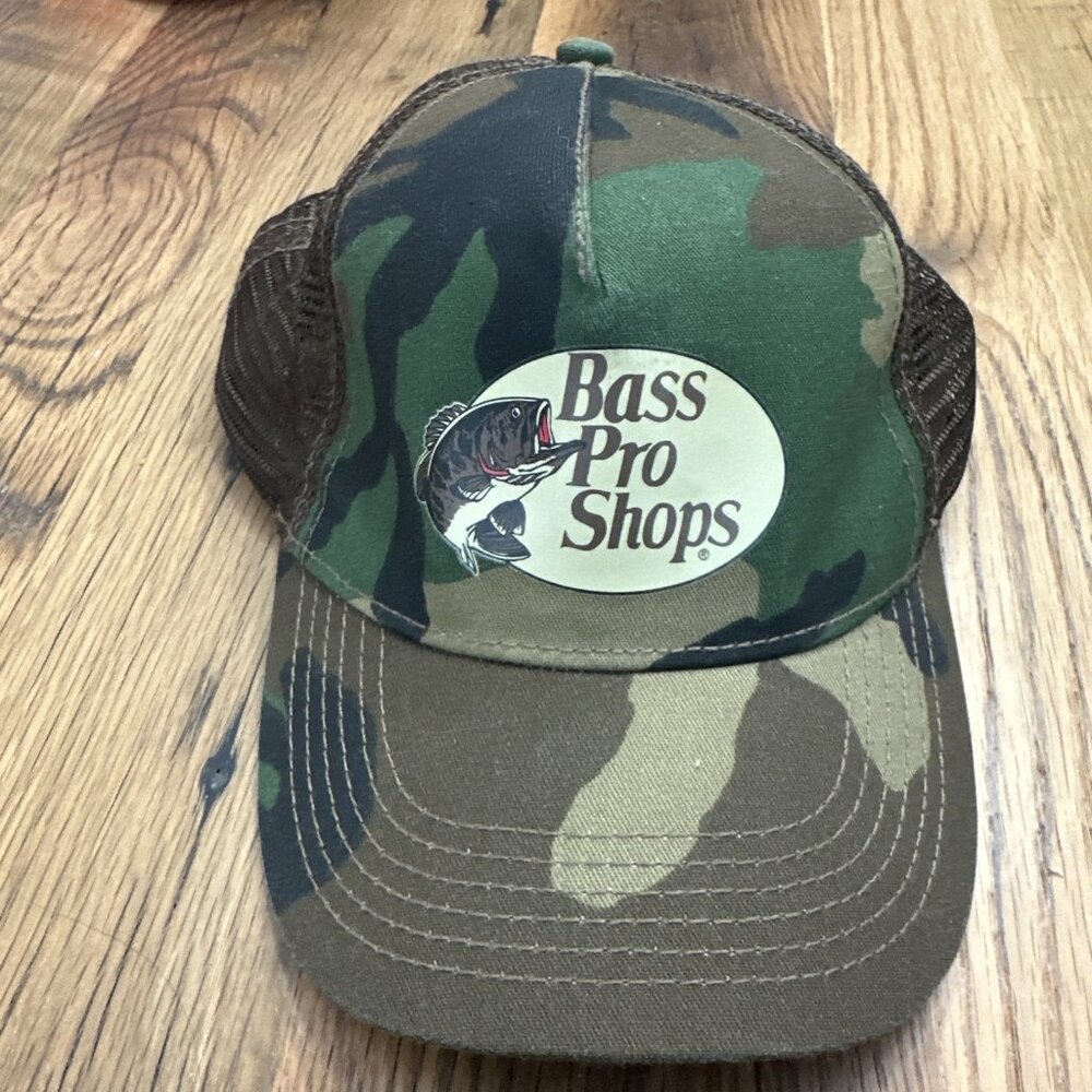Bass Pro Shops center logo camo meshback baseball hat adjustable Gone Hunting